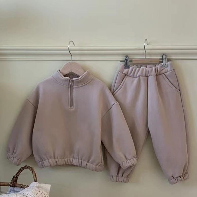 Korean Winter Children's Solid Color Velvet Two-Piece Suit for Boys and Girls