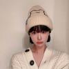 Полосатая зимняя универсальная шерстяная шляпа с вышивкой медведя, шапки в корейском стиле, вязаная шапка, женские шапочки