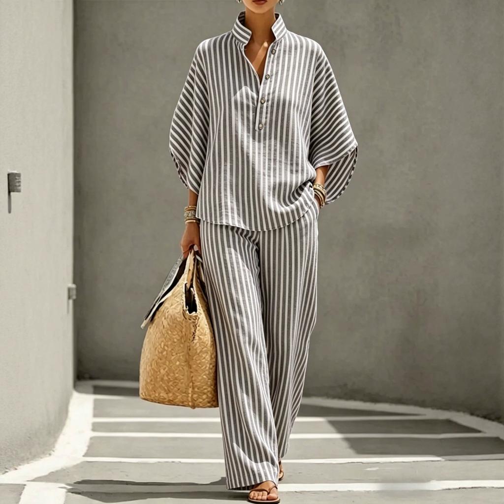 European and American new women's striped shirt set for vacation style leisure urban suit