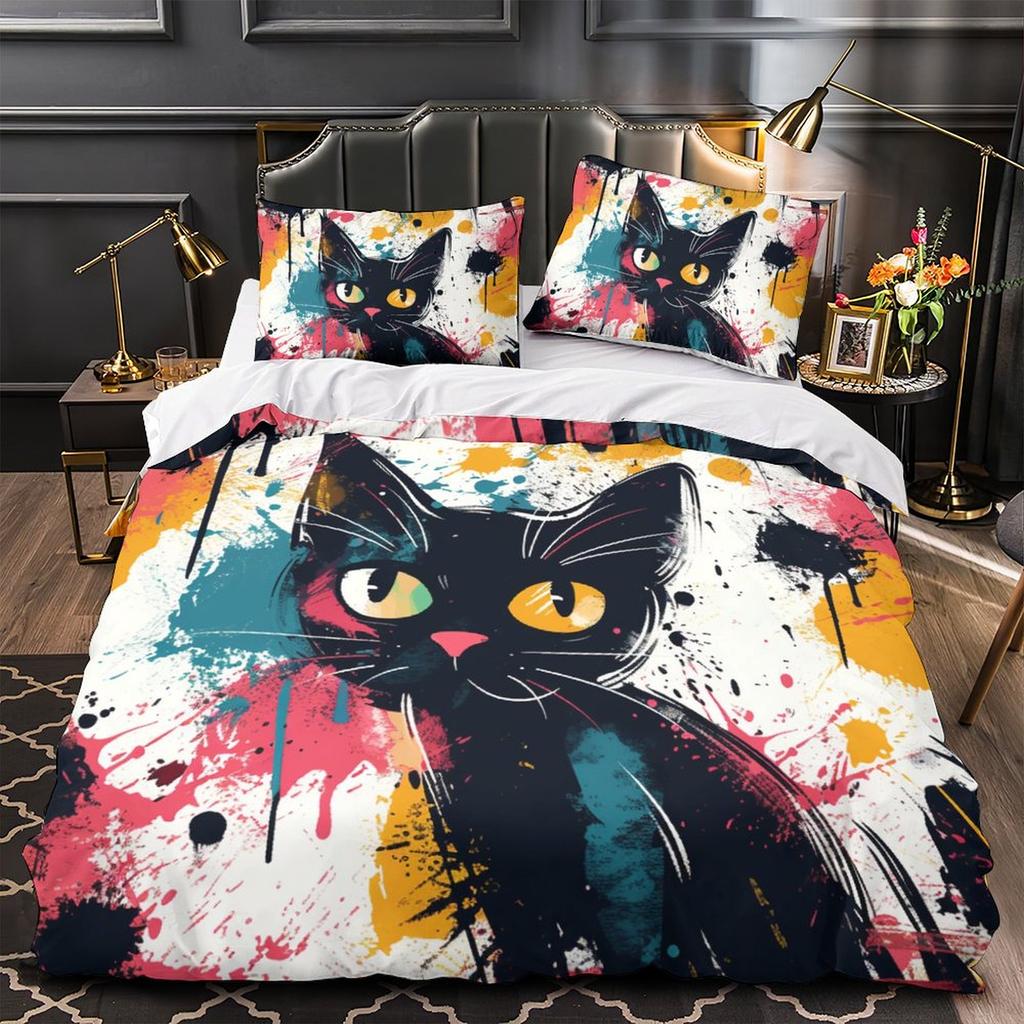 3D Cartoon Animal Bedding Set Cute Cat Down Duvet Cover Pillowcase 2/3pcs Girl Kids Women and Boys Cover