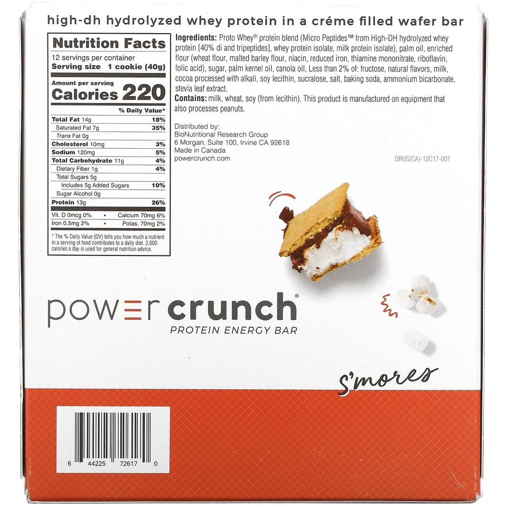 BNRG, Power Crunch Protein Energy Bars, S'mores, 12 Bars, 1.4 oz (40 g) Each