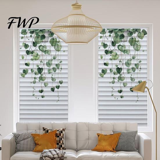 Repositionable Window Sticker Reeded Glass Privacy Film Non Adhesive Frosted Sun Blocking Cling Hanging Green Plants Decorative for Bathroom