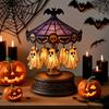 Creepy Halloween Table Light Ghost Carousel Light, Night Gothic Stained Glass Shade Witchy Room Decor with Floating Ghosts/Pumpkins, Spooky