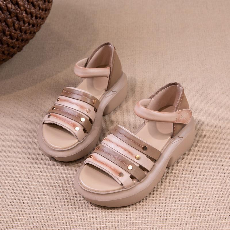 First Layer Cowhide Sandals Women's Summer 2025 New Leather Casual Retro Ethnic Style Velcro Platform Women's Shoes