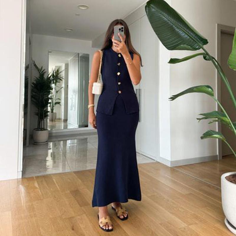 Women Knit Vest Skirts Sets O-neck Single Breasted Top Hip Package Skirt Solid Elegant Commuter Set Spring Fashion Slim Suit