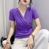 European Spring/Summer 2023 V-neck Mesh T-shirt with Rhinestone Cutout: Women's Fashionable Slimming Base Shirt