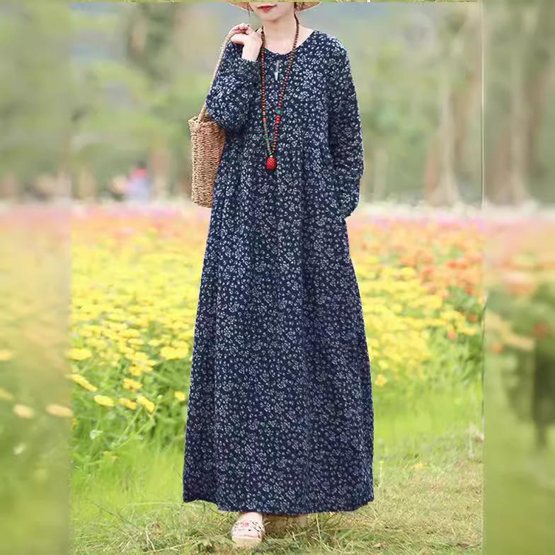 Spring Autumn Floral Print Vintage Casual O-neck Long Sleeve Long Dress Kaftan Robes Casual Baggy Party Tunic