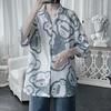 Летняя мужская рубашка из шелка Ice Silk с короткими рукавами, свободная, с принтом, средней длины, на пуговицах, корейский стиль, кардиган для отдыха на пляже