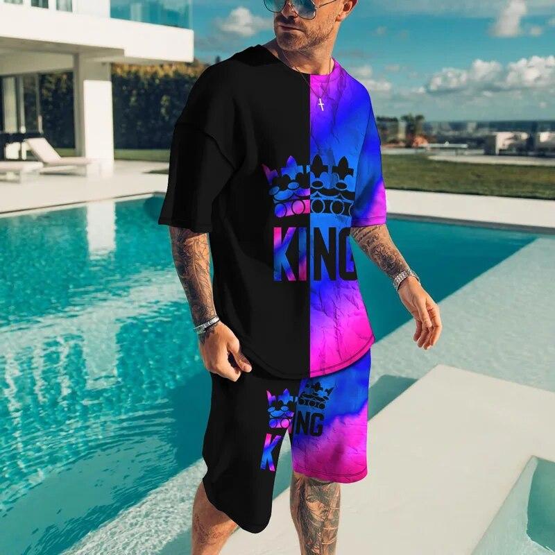 Футболки с 3D принтом King Letter и шорты, комплекты мужских модных спортивных костюмов, футболка большого размера с короткими рукавами, брюки, комплект мужских костюмов, одежда