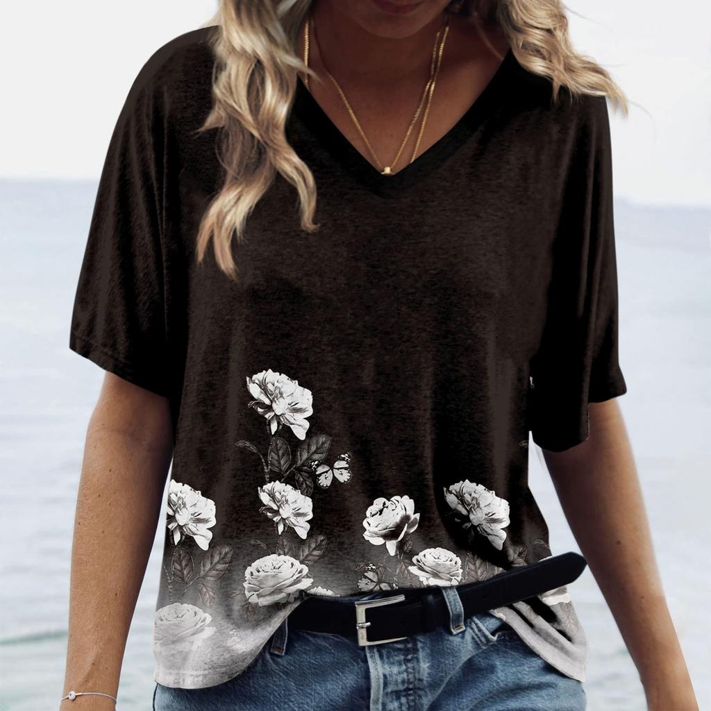 Women's Fashion Casual Print V-neck Short Sleeves Printed T-shirt