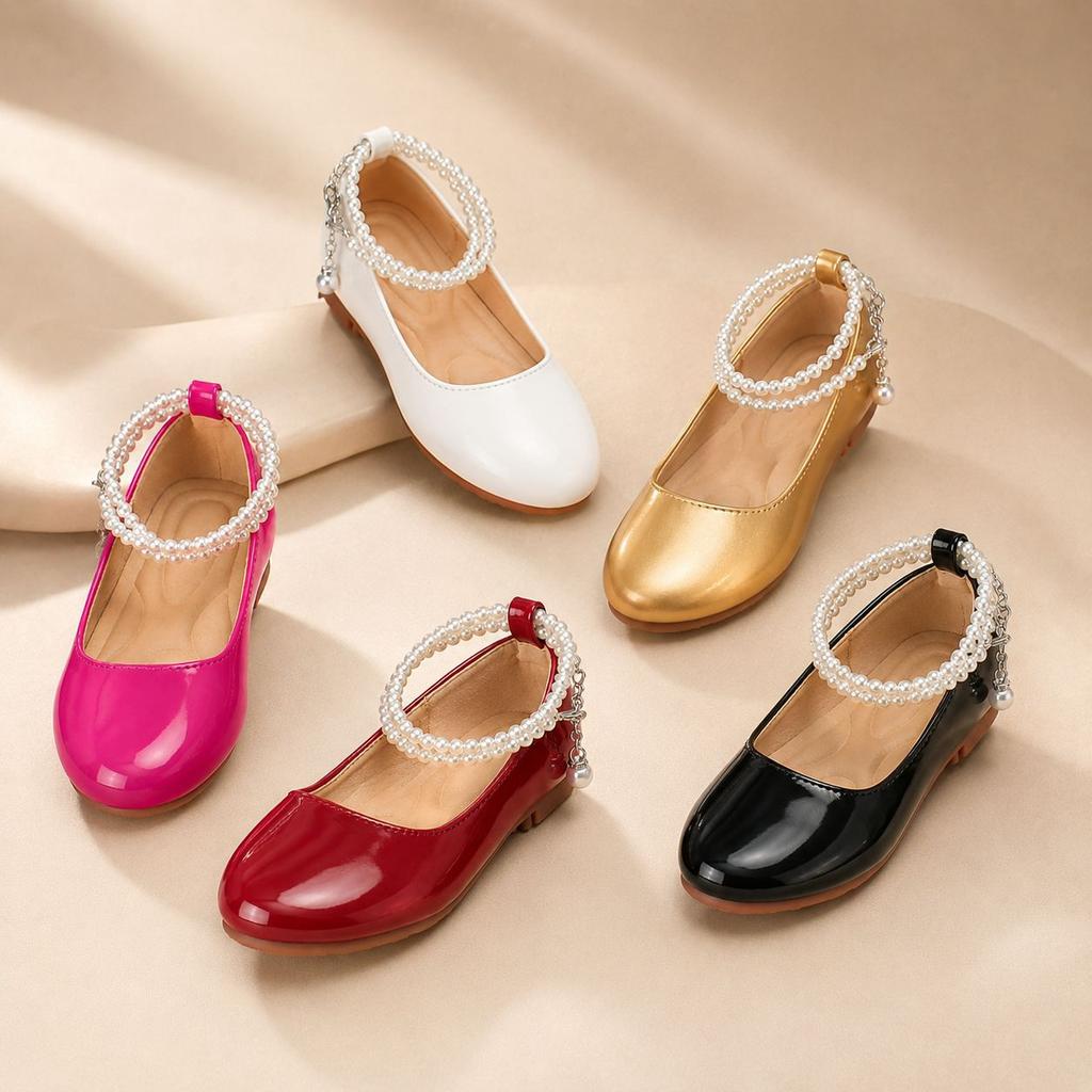 Gold pearl chain girls' single shoes, flower girl performance piano shoes, light luxury princess style, paired with a dress, soft-soled small leather