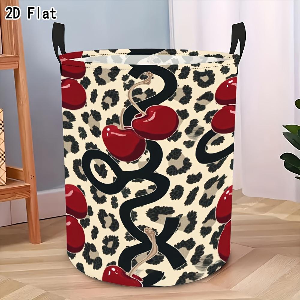 1pc DOKRIY Vintage Leopard Print Laundry Basket with Cherry Blossom - Foldable Suitable for Bedrooms, Dorm Storage Box, Reinforced Handle & Retro Canv