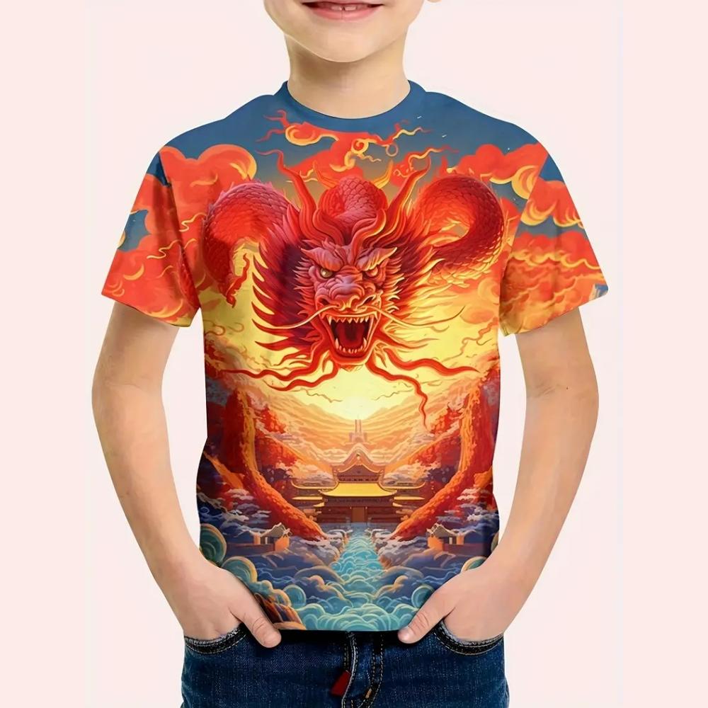 Summer Round Neck 3D Dragon Pattern Printed Top Fashionable Casual Short Sleeved Children's Boy T-shirts