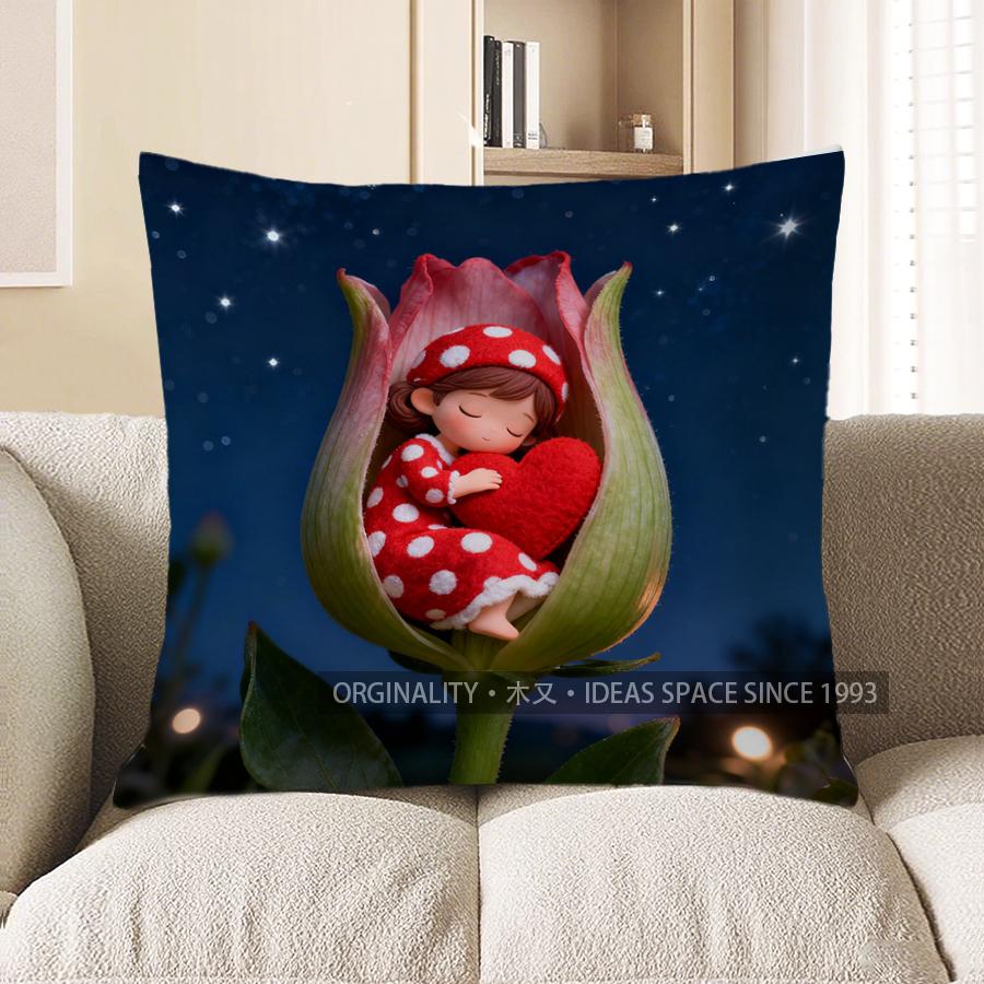 2D Sleeping Girl In Flower With Starry Night Pattern Cushion Cover Suitable For Sofa Bedroom Car Pillow Cover