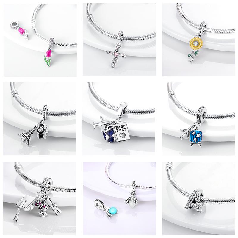 Серебряные подвески 925 пробы, подходят для оригинального браслета Diy, Diy Firefly, дорожная подвеска с подсолнухами и клевером, английская буква, сестра, бусина