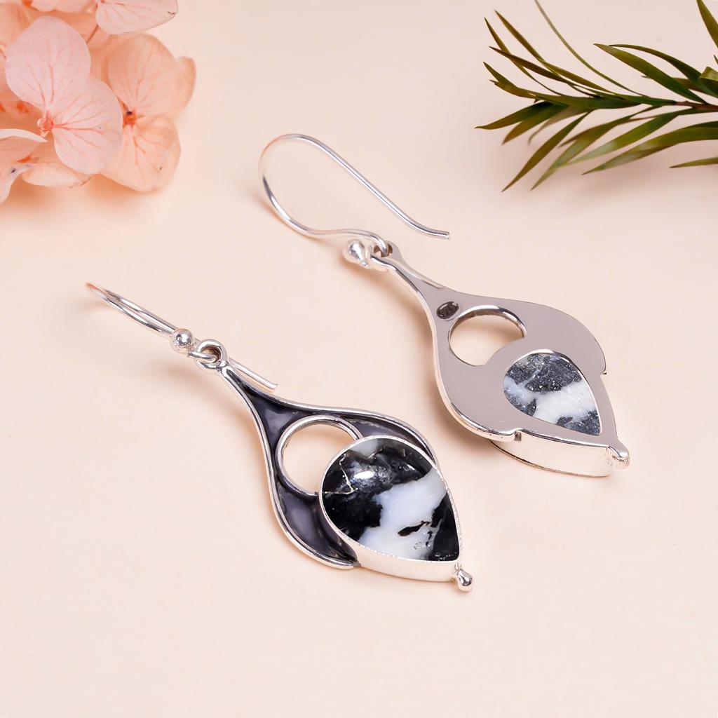 Белая бирюза буффало - Невада 925 стерлинговое серебро серьга V9713, Черно-белая серьга, Серьга-груша, Подарок на День святого Валентина, Подарок для нее, День рождения Г