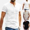 Summer Men's Standing Collar Cotton Linen Short Sleeved Shirt