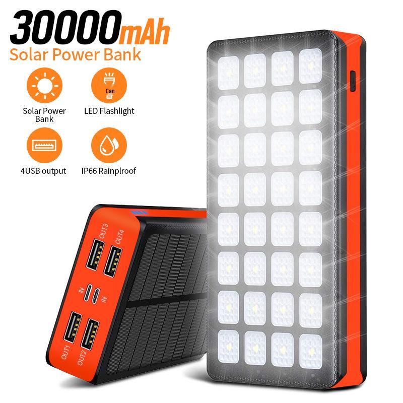 Внешний Power Bank на солнечной энергии 30000 мАч с фонарем для кемпинга, 4 USB, двойной вход.