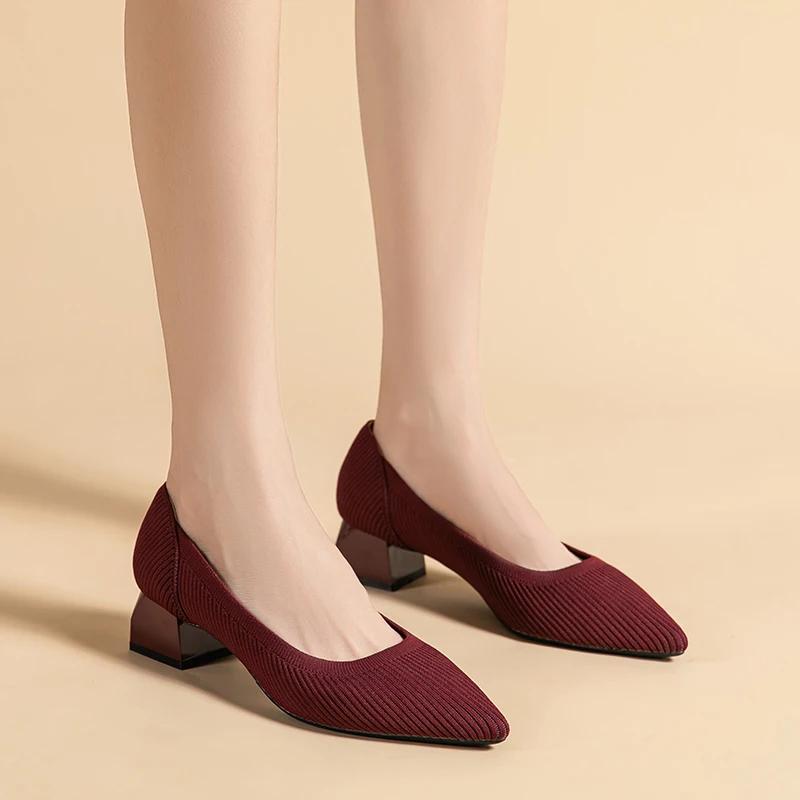 2025 Женские туфли с острым носком Весна/осень Модные трикотажные дышащие удобные рабочие туфли Нескользящие женские туфли-лодочки на резиновой подошве