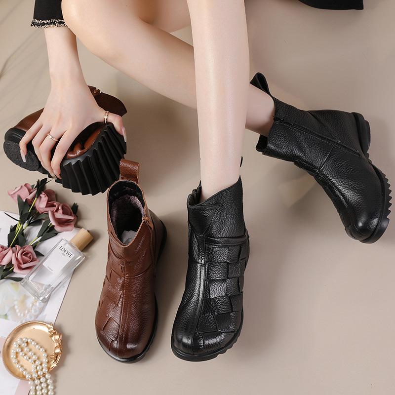 Cow Leather Flat Women's Shoes Winter Casual Leather Short Boots Middle-Aged And Elderly Mother Shoes Warm Cotton Shoes