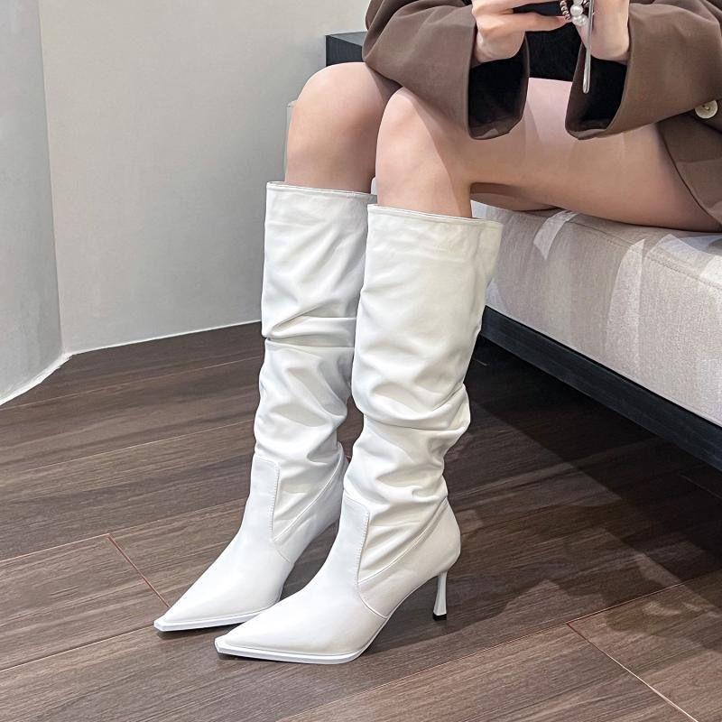 Тонкий каблук, ботинки с высоким голенищем, женские 2025, осень и зима, новые, остроносые, со складками, ботфорты до колена