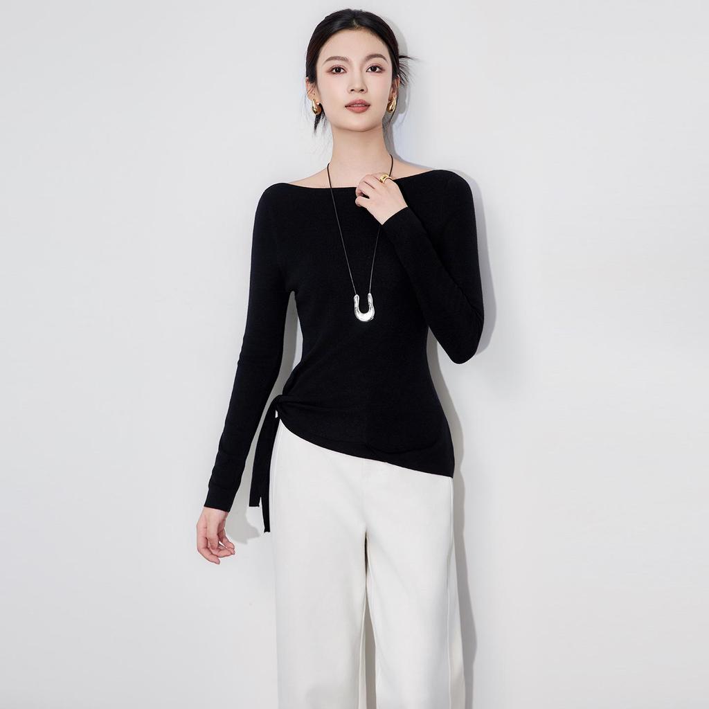 Design Sense Off-Shoulder Tie-Up Wool Knit Top: Minimalist Waist-Defining Long Sleeve for Early Autumn