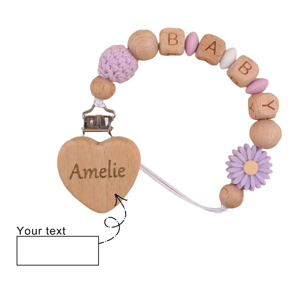 Персонализированная гравировка на зажиме для детской соски, цепочка для детской соски, зажим для персикового дерева из бука, цепочка для прорезывания зубов