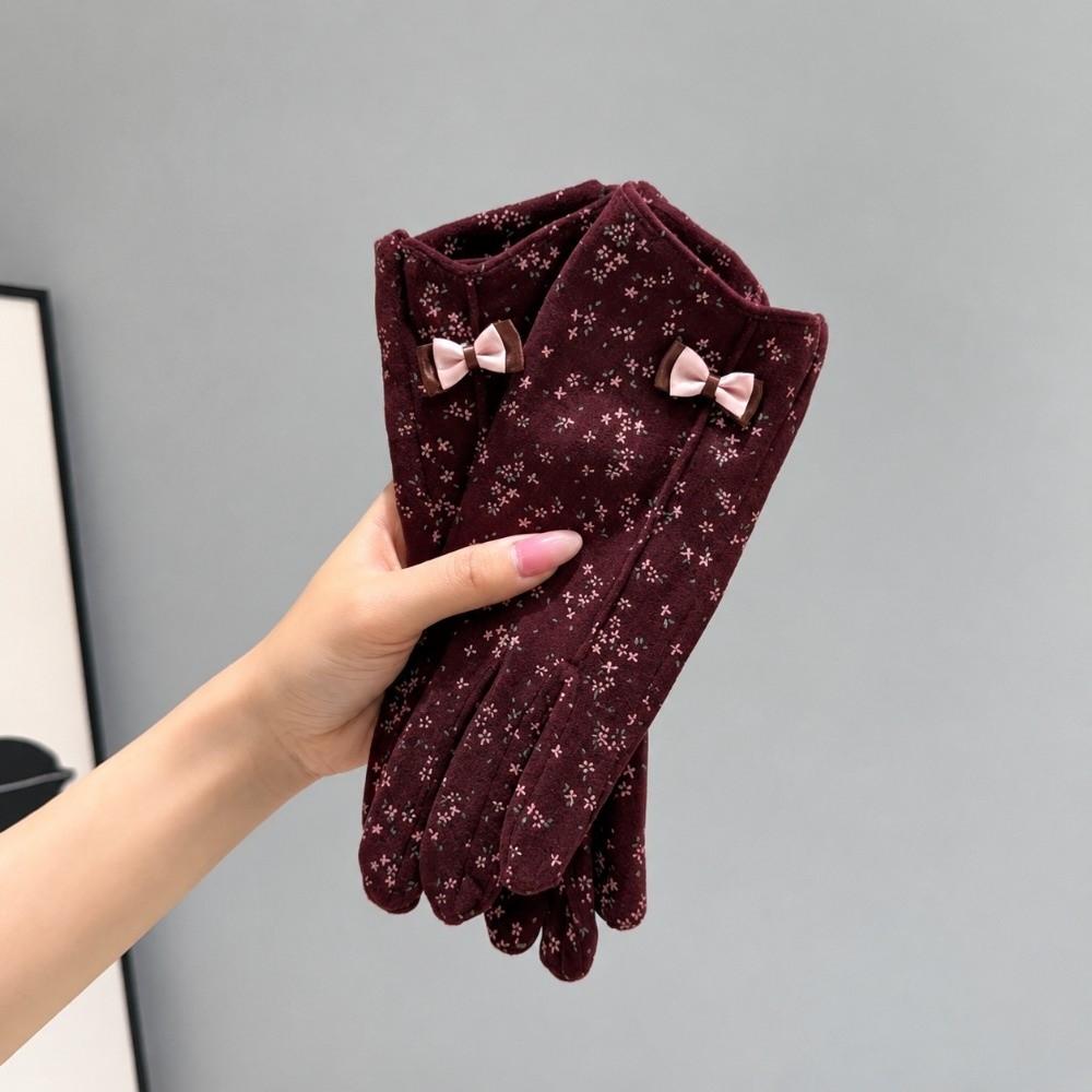 Elegant Thin Floral Print Gloves Windproof Winter Gloves Warm Touchscreen Gloves Cycling