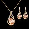Women Rhinestone Oval Faux Quartz Pendant Ear Stud Earrings Necklace Jewelry Set