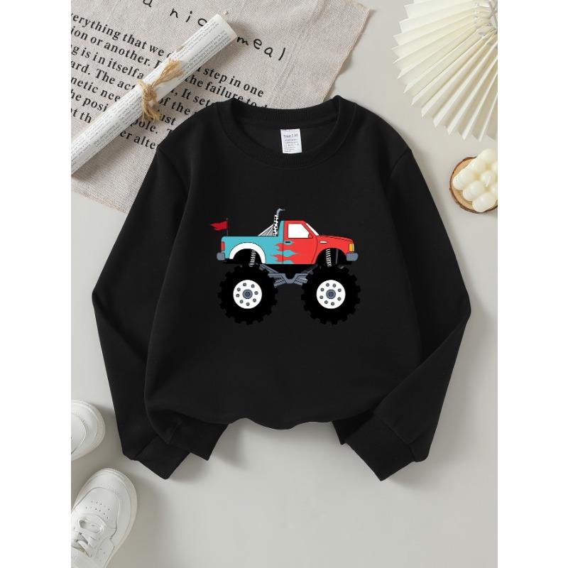 Европейские размеры Толстовка с круглым вырезом для девочек Monster Truck Красный Синий Огонь, Западный топ, С длинным рукавом, Повседневная для маленьких девочек.