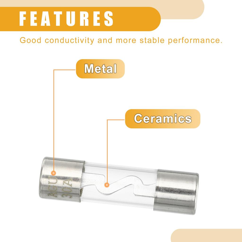 Partuto Set of 5 10x38mm 0.39x1.50" 30A Universal AGU Glass Fuse - Car Fuse