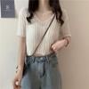 Korean Style Top Summer Knit Shirt Korean Version Short Solid Color Slightly Transparent V-neck Loose Short Sleeved T-shirt Trendy