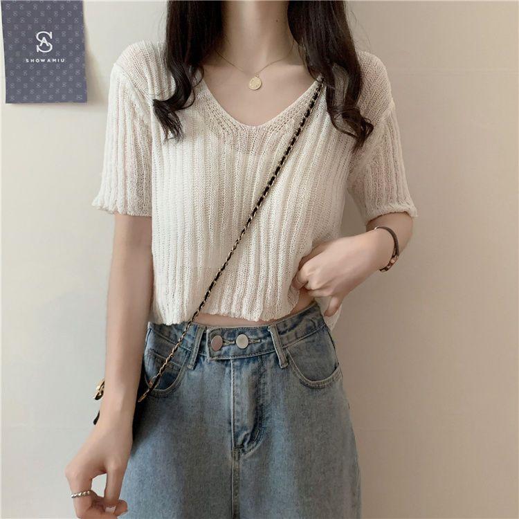 Korean Style Top Summer Knit Shirt Korean Version Short Solid Color Slightly Transparent V-neck Loose Short Sleeved T-shirt Trendy