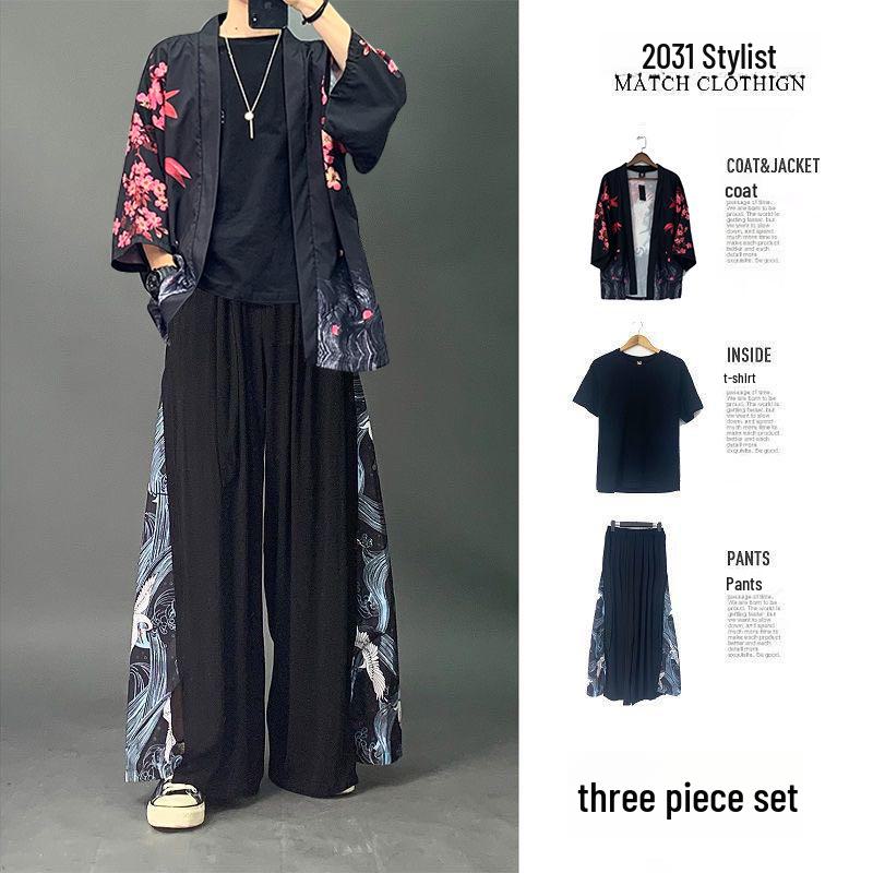 Men's Chinese Style Ice Silk Taoist Robe: Trendy Three-Piece Hanfu Tang Suit for Summer
