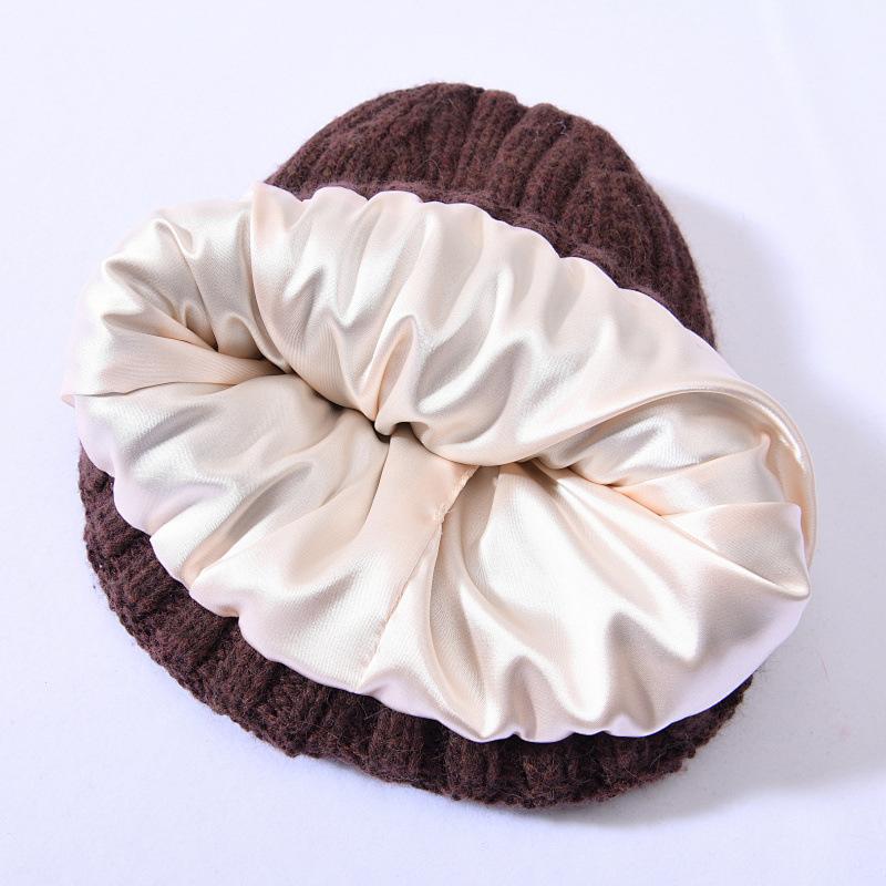 Versatile series adult rabbit velvet knitted hat solid color lined outdoor satin lining wool hat source