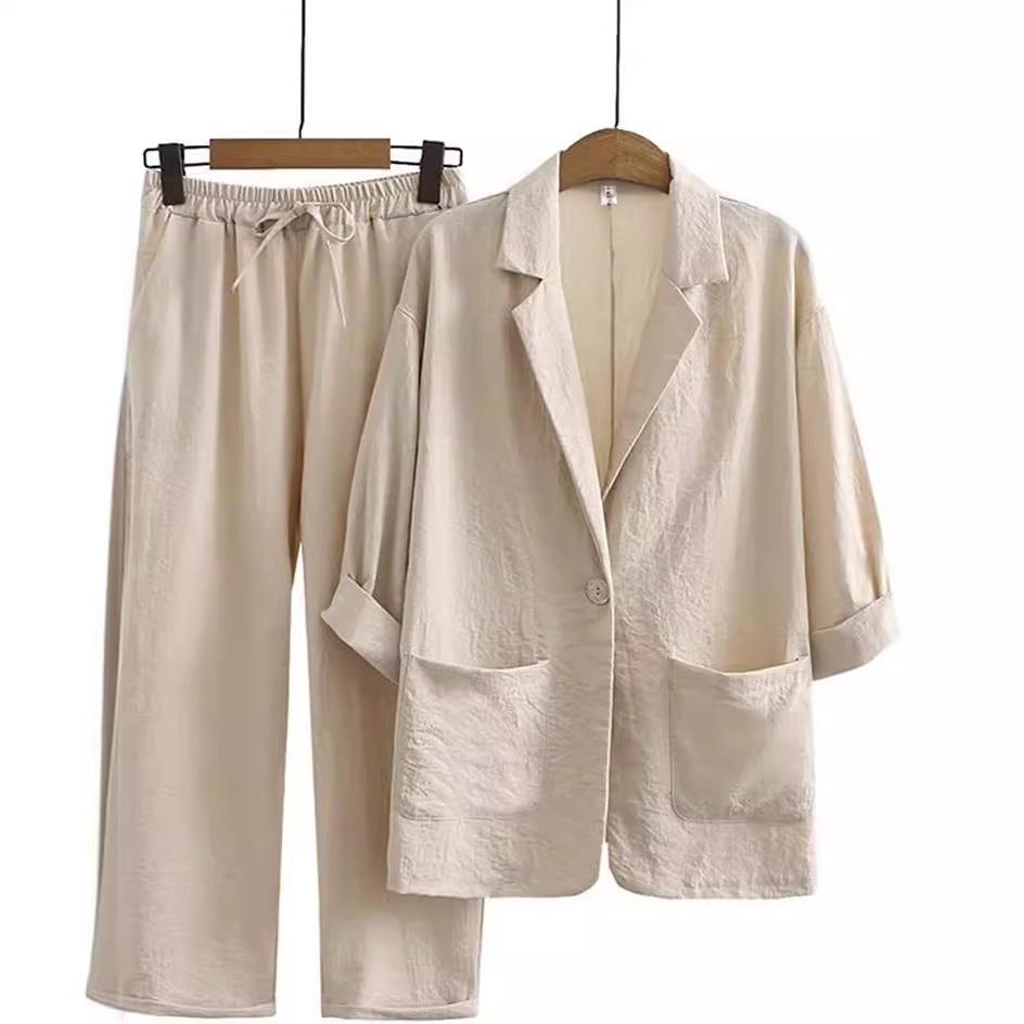 2024 European & American Women's Autumn Cotton-Linen Commuter Suit: Loose Jacket & Pants Set