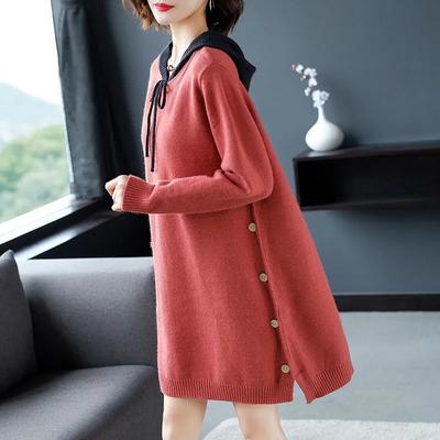 Шерстяной свитер большого размера. Свободный вязаный свитер с капюшоном. Мягкая и удобная рубашка средней длины. Повседневные эластичные платья-свитеры.