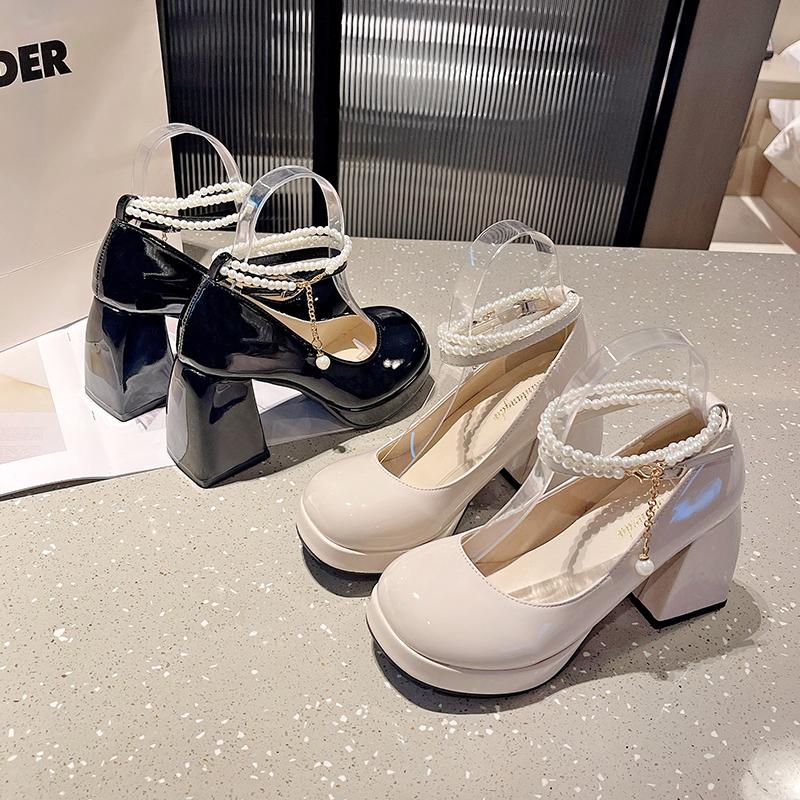 Туфли Мэри Джейн на высоком квадратном каблуке с круглым носком, повседневные, 2024 г., горячая распродажа, женские туфли с пряжкой на ремне, с ниткой и бусинами, однотонные туфли