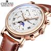 Chenxi Men's Watch Leather Chronograph Date Quartz Watches Phase Moon Timing Business Luminous Wrist Watch