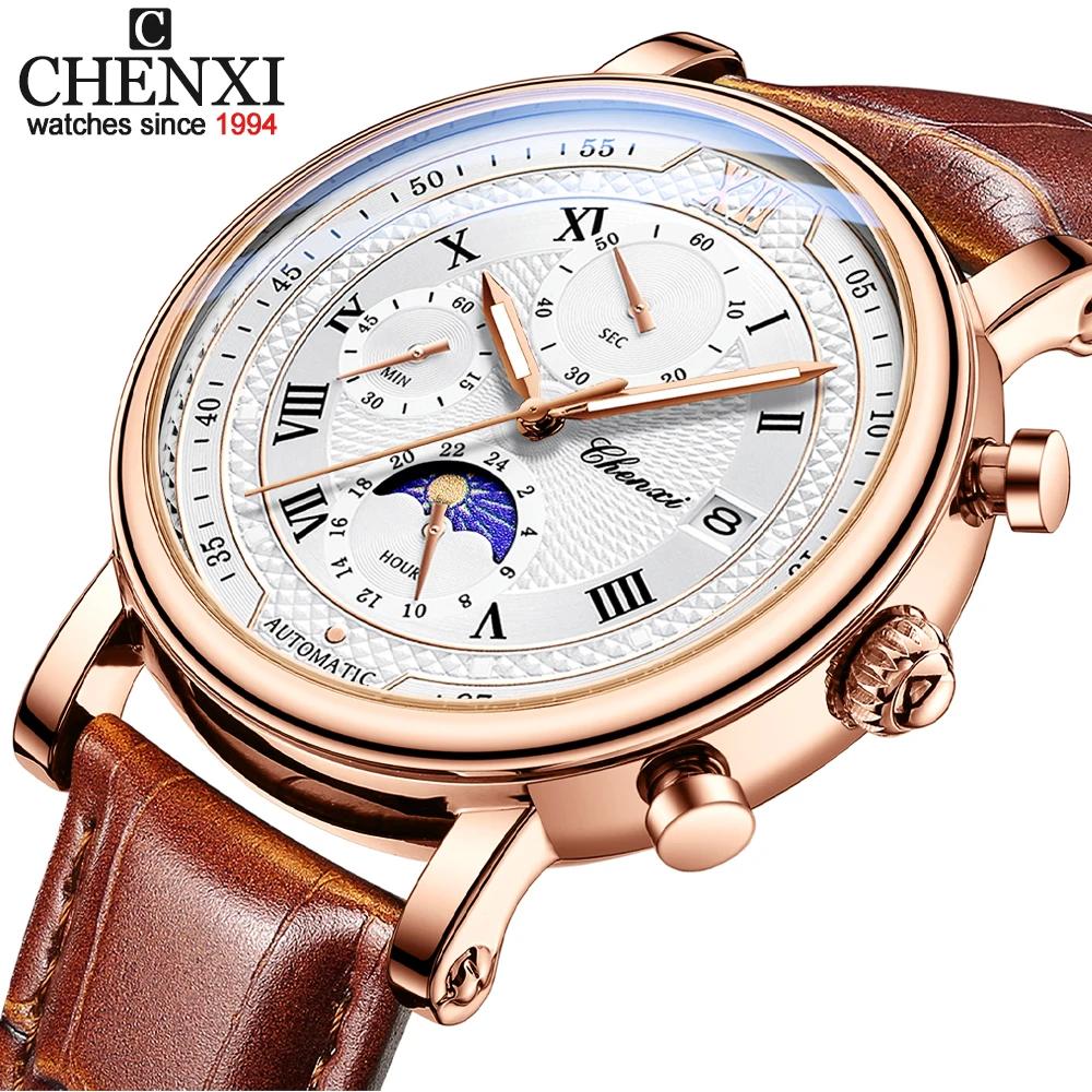 Chenxi Men's Watch Leather Chronograph Date Quartz Watches Phase Moon Timing Business Luminous Wrist Watch