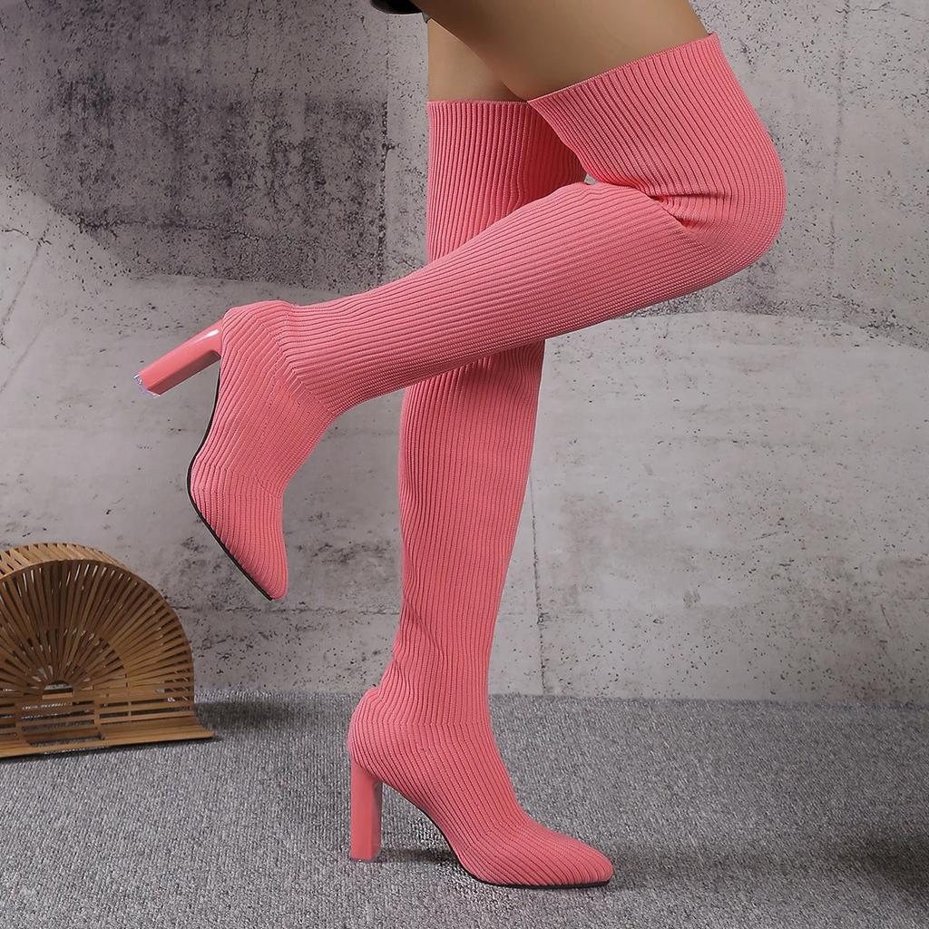 Празднуйте Женские Вязаные Сапоги-Носки Осень Зима Сексуальные Сапоги Выше Колена Острый Носок Толстый Высокий Каблук Длинные Боты Размер 36-43