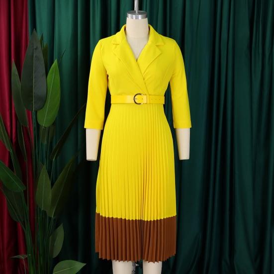 Женское платье-пиджак с длинным рукавом, V-образным вырезом и лацканами с насечкой, плиссированное платье миди с расклешенной юбкой, деловое офисное рабочее платье с поясом