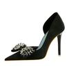 High Heels Slim Heels Shallow Mouth Pointed Side Hollow Fabric Surface Ultra High Heels Rhinestone Bow Single Shoes