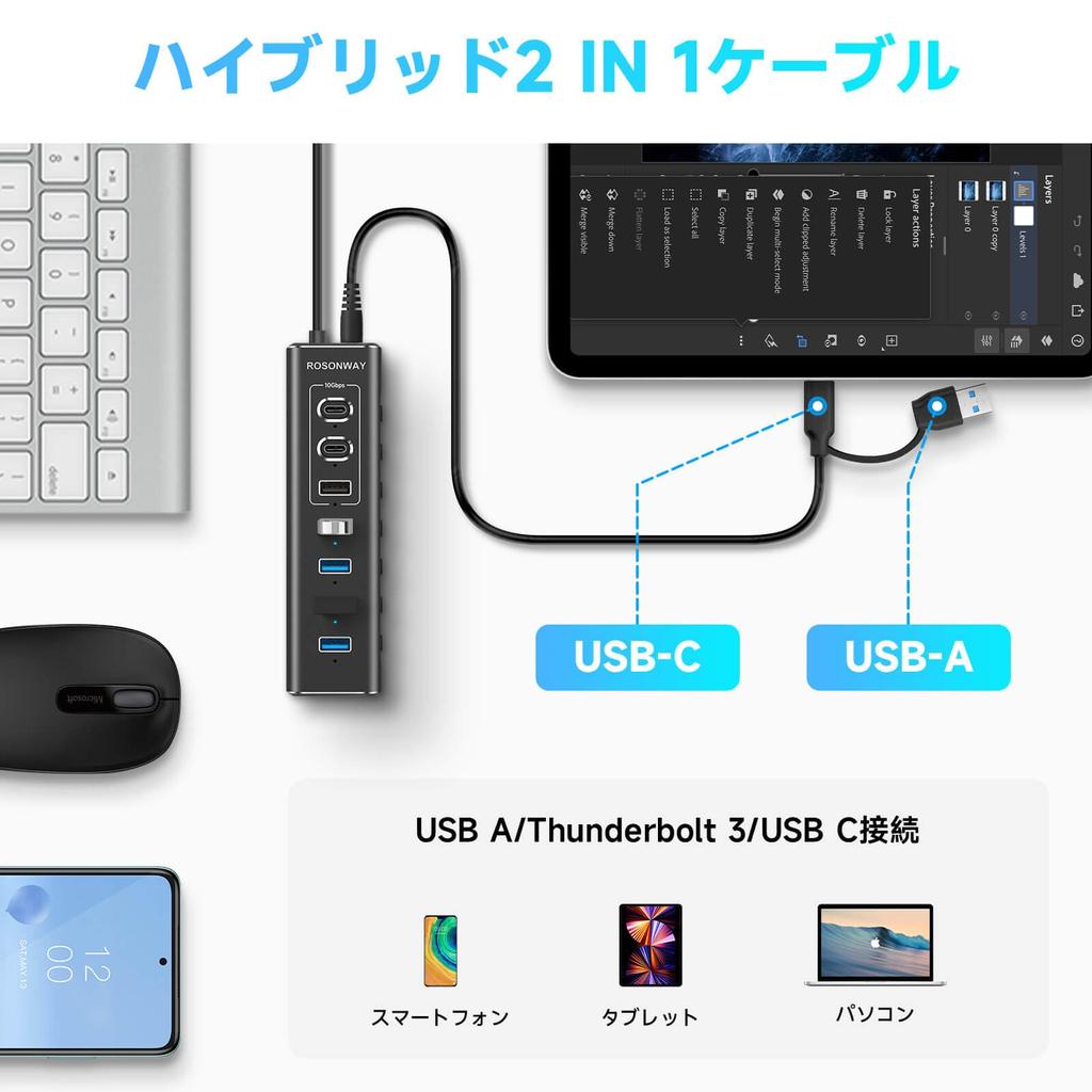 ROSONWAY USB Hub 10Gbps 7 Port USB C USB A USB 2 In 1 with Cable Aluminum USB HUB and 12V 2A Power Supply with Independent Switch 3.2x2 3.2x1 3.0x4