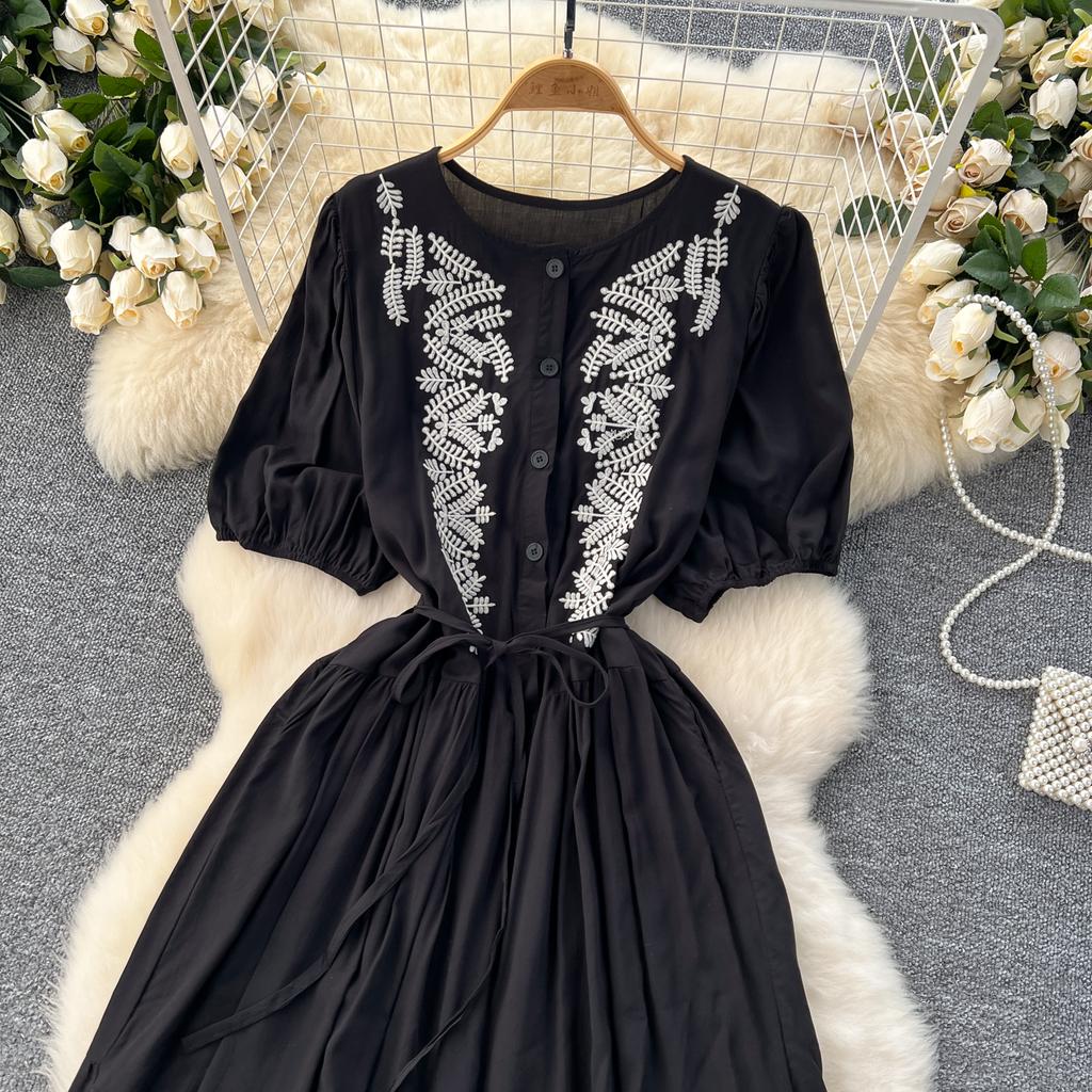 Винтажное платье с круглым вырезом для женщин с рукавами-фонариками, вышитыми шнуровкой, платья А-силуэта, однотонные лоскутные пуговицы, летнее платье