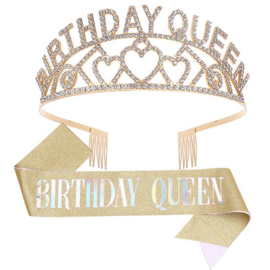 Birthday Queen Tiara Sash Set Rhinestone Cown Comb Happy Birthday Sash Festive Headwear for Women Party Decor