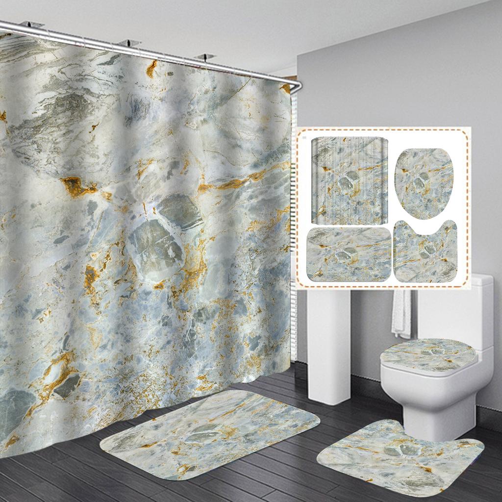 4Pcs Luxury Marble Shower Curtain Sets Bathroom Decor Sets with 12 Hooks Bath Mat Toilet Lid Rug and Non-Slip U Shape Mat