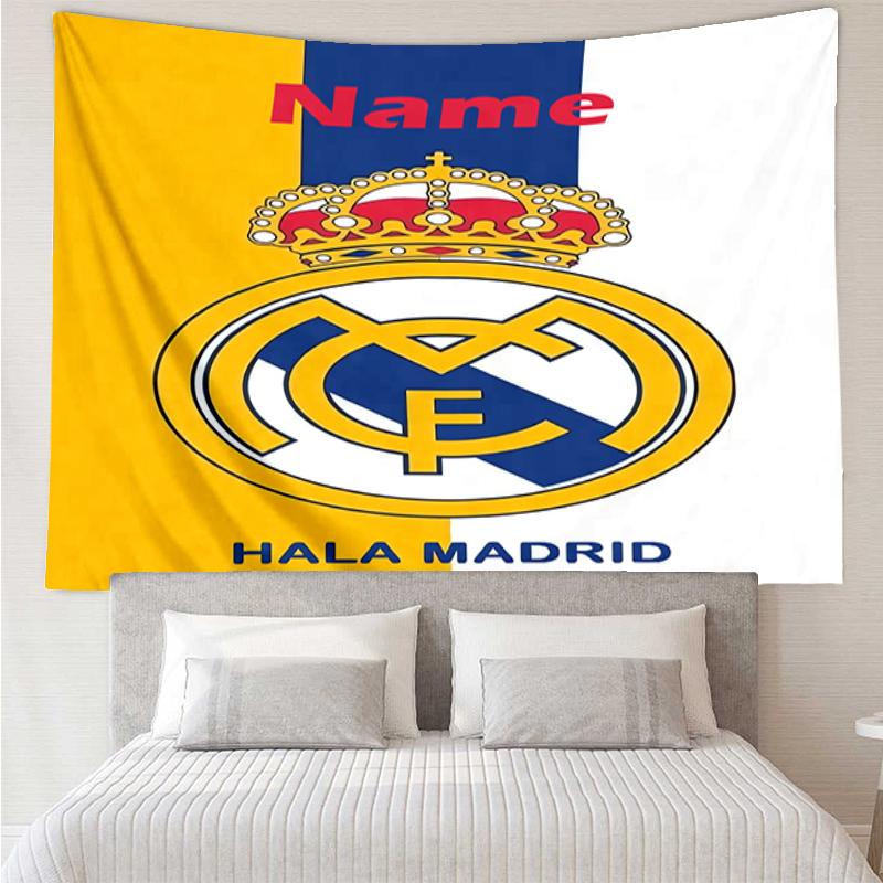 Custom Name Real Madrid Print Tapestry, Backdrop, Easy Setup, Ideal for Bedroom, Office & Living Room, with Aesthetic Wall Hanging Decor.