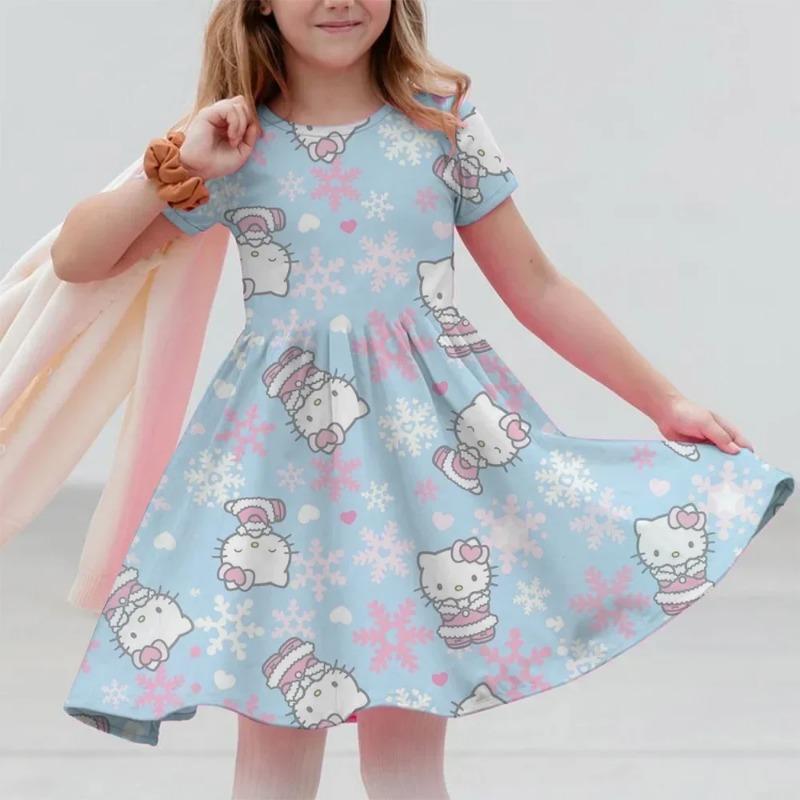 Sanrio 2026Новое летнее платье для девочек Модное мультяшное милое Hello Kitty 3D-печать Платья для девочек с коротким рукавом Одежда для принцесс на каникулы