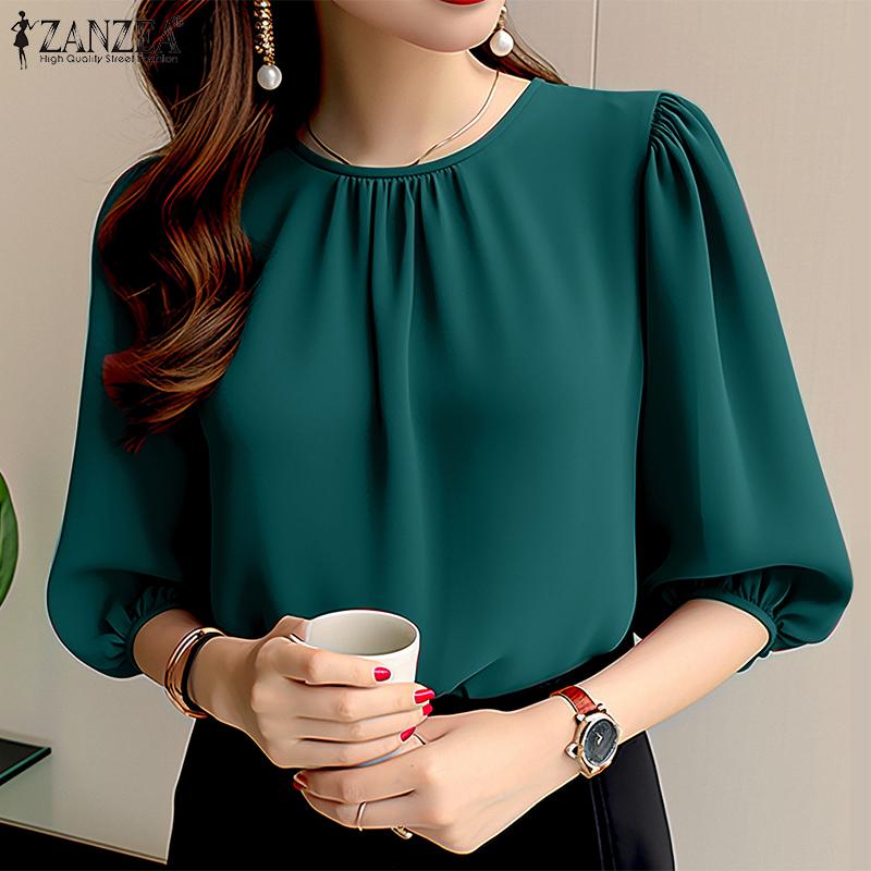 ZANZEA Женская повседневная однотонная свободная блузка с круглым вырезом и рукавом 3/4